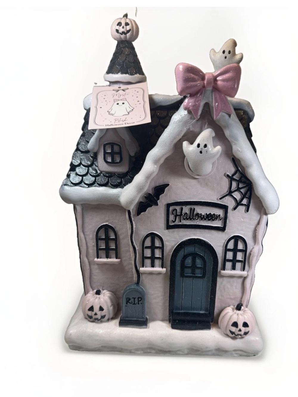 Mystic Blush Glitter Pink Haunted Gingerbread House Halloween Decor Glitter NEW